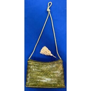 Vintage Phillipine Pappagallo Natural Bamboo Woven Purse Crossbody Green Tags